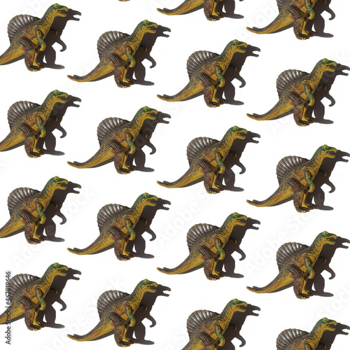 Toy Dinosaur spinosaurus pattern on white background. Minimal abstract concept for school and kids.