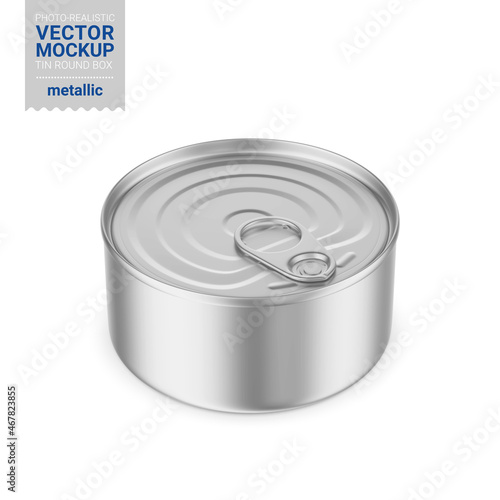 Gray metallic tin can mockup. Vector illustration.