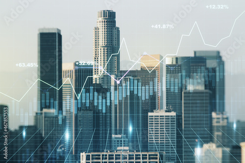 Multi exposure of virtual abstract financial diagram on Los Angeles office buildings background, banking and accounting concept