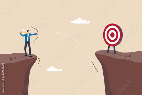 Terribly missed target, failure or mistake, fail to achieve goal, big error or wasted effort concept, overconfidence businessman archery terribly missed target.