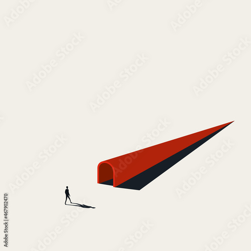 Business man entering tunnel, vector concept. Career direction, narrow choice, opportunit symbol. Minimal illustration