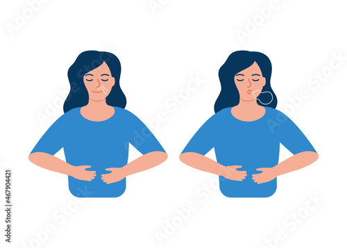 Girl is doing breathing exercise, deep exhale and inhale. Breathing exercise. Healthy yoga and relaxation. Vector illustration