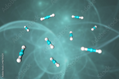 Molecular model of carbon dioxide (carbon anhydride, dry ice), a colorless, odorless, incombustible gas resulting from the oxidation of carbon. Scientific background. 3d illustration