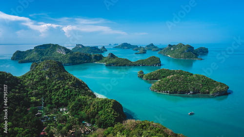 High angle view of stunning islands with emerald green water. Wua Ta Lap Island, Mu Koh Ang Thong National Marine Park, near Koh Samui Island, Thailand.