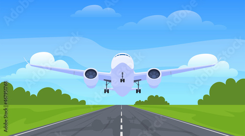Plane take off from runway front view vector flat illustration. Airliner airplane flying from land