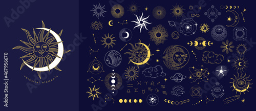 Set of celestial mystic esoteric magic elements sun moon and clouds Different stages of moon, zodiac Signs. Alchemy tattoo object logo template. Vector