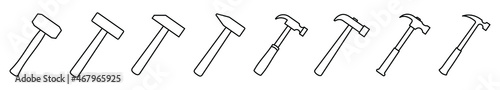 Hammer icon. Vector illustration. Set of black linear hammer icons.