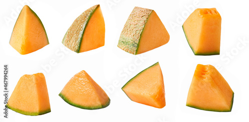 slices of cantaloupe melon isolated on white background.