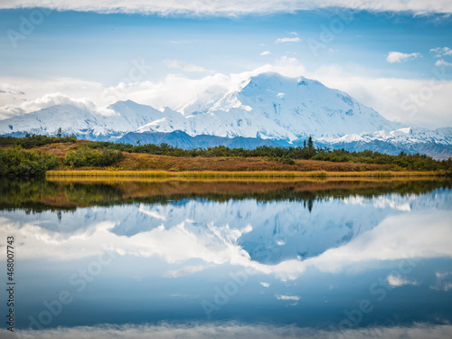 Denali, formerly called Mt. McKinley, reflected in a pond in Denali National Park, Alaska. 