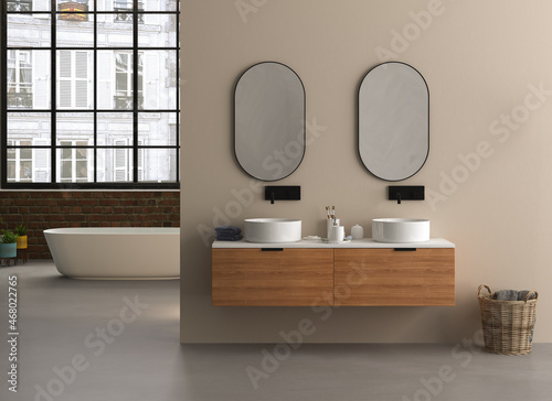 Modern minimalist bathroom interior, modern bathroom cabinet with interior plants, bathroom accessories. 3d rendering
