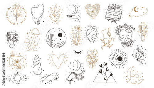 Boho mystic doodle esoteric set. Magic line art poster with moon, key,shell, mushrooms.