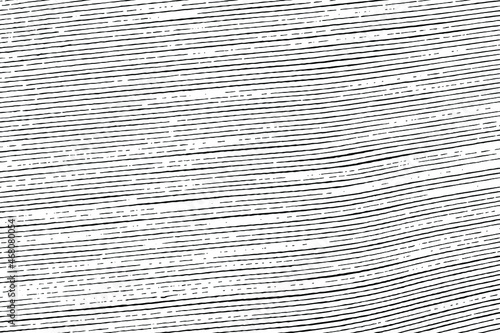 Grunge texture of striped thin uneven lines. Monochrome background of the end of a book or a stack of paper, with intermittent curved lines. Overlay template. Vector illustration