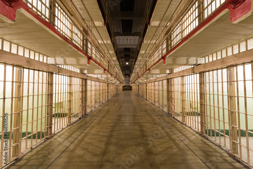 Brodway, the main corridor of the cellhouse dividing B and C Blocks of Alcatraz Prison at Alcatraz Island.