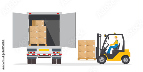 Man on forklift make loading to truck. Lorry on warehouse gets goods on pallet. Logistic illustration. Icon of lorry, fork lift, driver and cargo for delivery service. Flat icon. Vector
