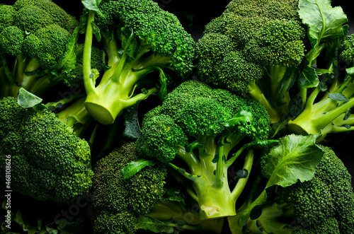 Fresh green broccoli. Macro photo. Top view.