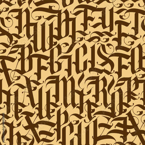 Seamless pattern of capital Gothic letters. Repeating background with brown medieval Latin letters on a beige backdrop. Vector texture of english alphabet letters. Wallpaper, wrapping paper, fabric