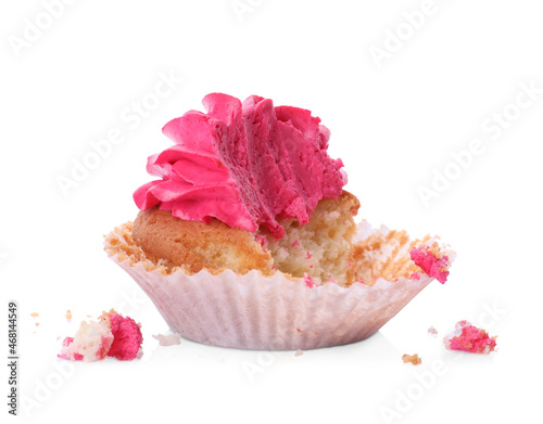 Failed cupcake with cream on white background. Troubles happen