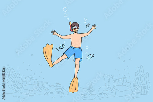Boy child in scuba and swim fins snorkeling under water in sea. Happy kid in swimwear diving in ocean. Active summer vacation or holiday. Marine entertainment. Flat vector illustration. 