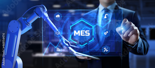 MES Manufacturing execution system. Business industrial technology concept. Cobot 3d render