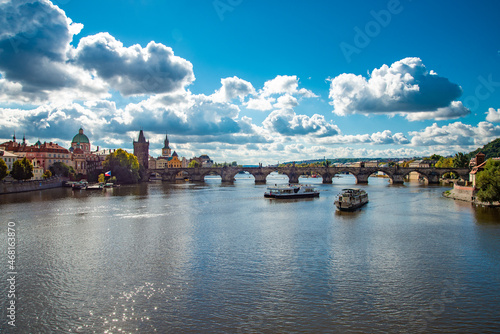 view on Pragues old town with the Moldau river and Charles Bridge