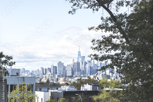 View of Manhattan skyline seen from Greenwood Cemetery in Brooklyn.