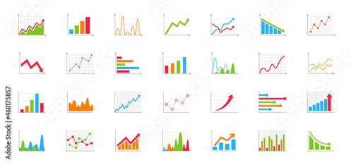 Set of business graph and charts icons. Business data charts. Colorful graphs, diagrams, schemes, infographic, analytic report. Statistics, data, growth, falling and pie chart icons set.