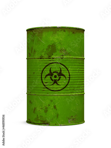 biohazard wastes, green metal barrel isolated on white 