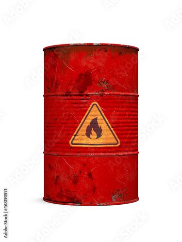 flammable, red metal barrel isolated on white