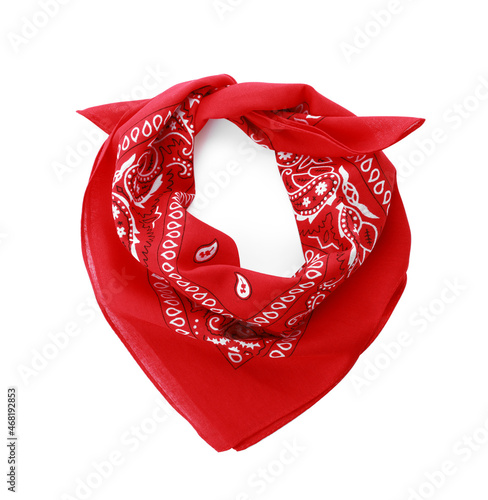 Tied red bandana with paisley pattern isolated on white, top view