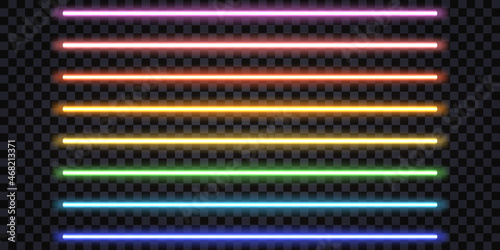Glowing neon sticks, laser light beams. Rainbow color set, fluorescent electric tubes, luminous stripe lines. Isolated design elements. Vector illustration