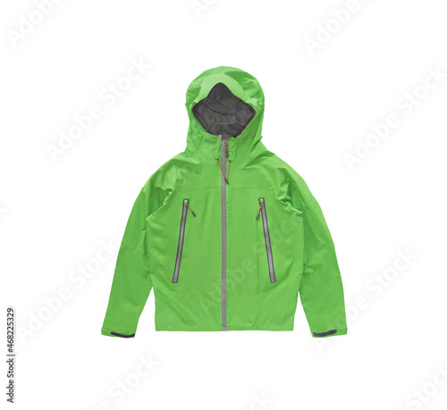 Top view of green membrane windbreaker jacket isolated on white background