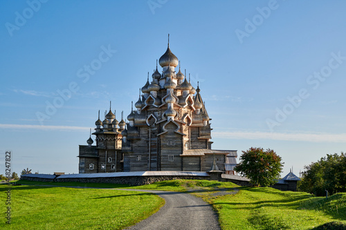 Russia. Kizhi Island on Lake Onega. View from the North to the domes of churches of the Kizhi Pogost