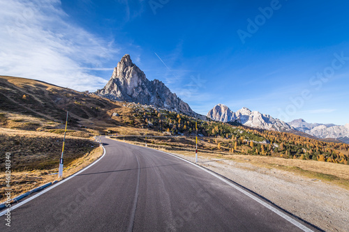 Mountain pass road Passo Giau in the italian Dolomites near Cortina d'Ampezzo during off season in autumn