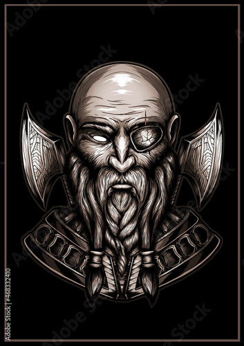 Monochrome portrait of a one-eyed northern warrior with axes behind his back. A bald berserker with a thick braided beard and mustache in armor, isolated bust of a nordic brutal character close-up.