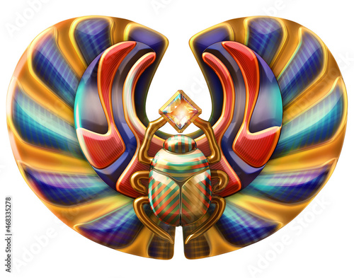Representation of an Egyptian scarab beetle amulet. The winged beetle was a symbol of renewal and rebirth in ancient Egypt. 3D illustration isolated on white background 