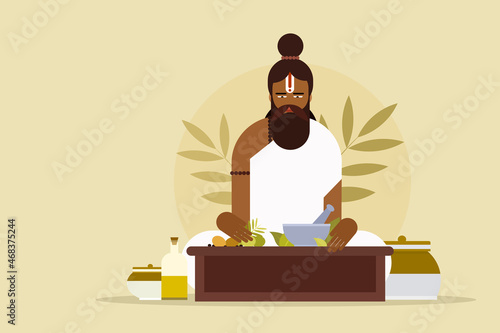 Illustration of an ancient Ayurveda parcticioner with herbal ingredients