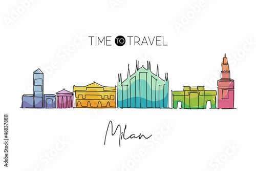 One continuous line drawing of Milan city skyline, Italy. Beautiful skyscraper. World landscape tourism travel vacation wall decor poster concept. Stylish single line draw design vector illustration