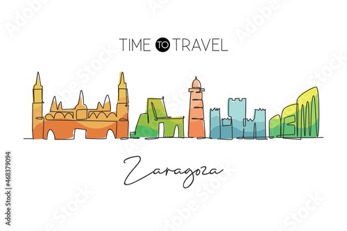 One single line drawing of Zaragoza city skyline, Spain. Historical skyscraper landscape in the world. Best holiday destination wall decor poster print. Continuous line draw design vector illustration