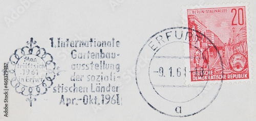 briefmarke stamp gestempelt used frankiert cancel vintage retrro alt old rot red slogan werbung erfurt gartenschau 1961 ddr 