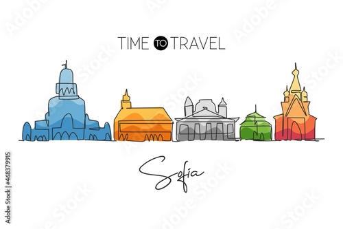 One single line drawing of Sofia city skyline, Bulgaria. Historical town landscape in the world. Best holiday destination poster. Editable stroke trendy continuous line draw design vector illustration