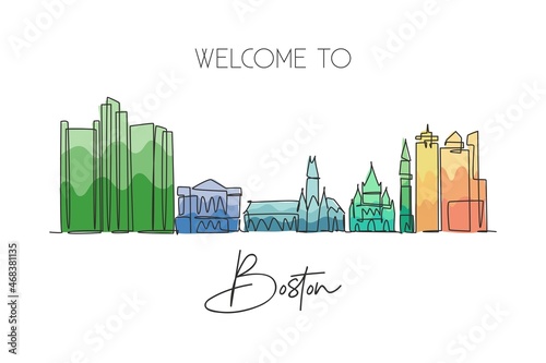 One single line drawing Boston city skyline, United States. Historical town landscape in world. Best holiday destination wall decor art. Editable trendy continuous line draw design vector illustration