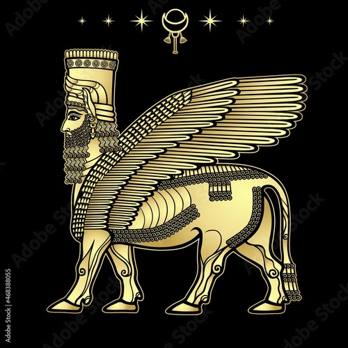 Animation drawing: image of the Assyrian mythical deity Shedu: a winged bull with head of person. character in Sumerian mythology. Vector illustration isolated on a black background. Gold imitation.