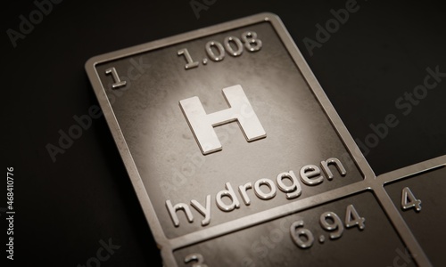 Highlight on chemical element Hydrogen in periodic table of elements. 3D rendering
