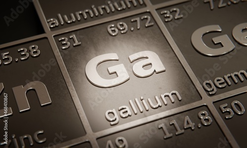 Highlight on chemical element Gallium in periodic table of elements. 3D rendering