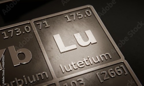 Highlight on chemical element Lutetium in periodic table of elements. 3D rendering