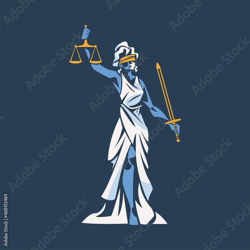 Themis as Ancient Greek Goddess and Lady Justice with Blindfold Holding Scales and Sword Vector Illustration