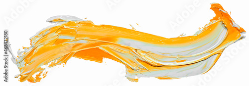 Wave of yellow and white oil brush hand drawn stroke. Abstract varnish splash trace shape. Glossy oil paint smear long line isolated on white background. EPS10 vector illustration.