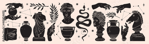 Greek ancient sculpture mystic set. Vector hand drawn illustrations of antique classic statues in trendy bohemian style.
