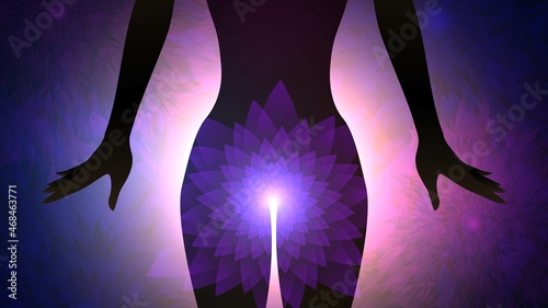 Woman body silhouette with purple glow from genitals, concept of female sexual enjoyment and health