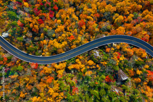 Blue Ridge Parkway in North Carolina in Fall colors. Looking straight down at the road.